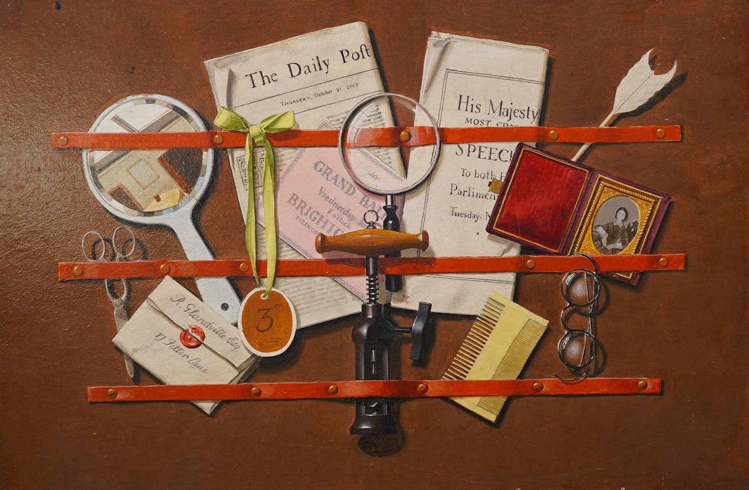 Frederick Clifford Harrison, (1901-1984), Trompe-l'oeil still life study of objects in a letter rack